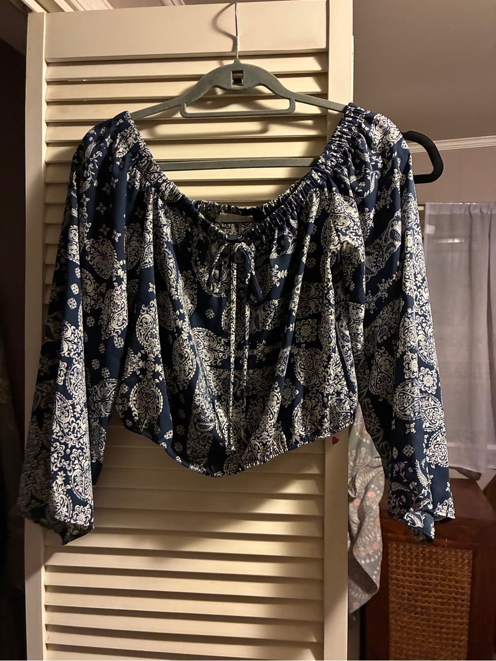 Off-Shoulder Navy Paisley Crop Top